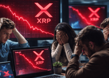 Personas en una oficina lamentándose la caída de precio de XRP.
