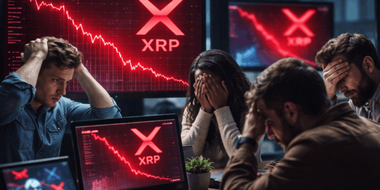 Personas en una oficina lamentándose la caída de precio de XRP.