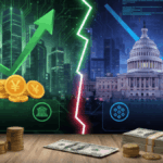 Una flecha verde hacia arriba sobre monedas chinas junto a un edificio similar a la Casa Blanca y de primer plano monedas chinas y dólares estadounideneses sobre una mesa.