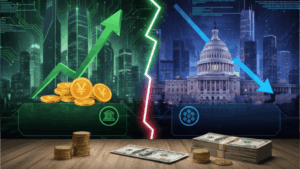 Una flecha verde hacia arriba sobre monedas chinas junto a un edificio similar a la Casa Blanca y de primer plano monedas chinas y dólares estadounideneses sobre una mesa.