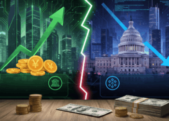 Una flecha verde hacia arriba sobre monedas chinas junto a un edificio similar a la Casa Blanca y de primer plano monedas chinas y dólares estadounideneses sobre una mesa.