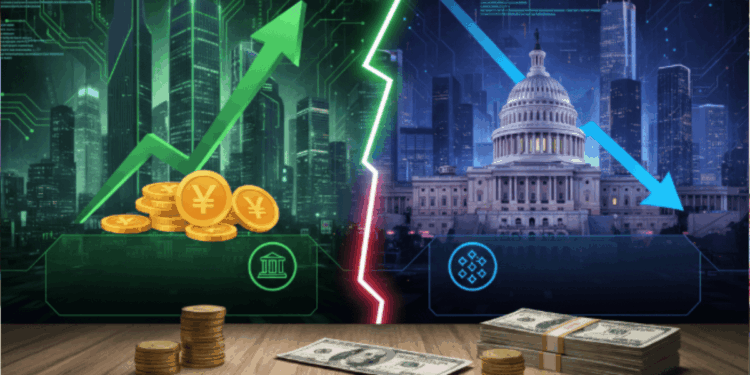 Una flecha verde hacia arriba sobre monedas chinas junto a un edificio similar a la Casa Blanca y de primer plano monedas chinas y dรณlares estadounideneses sobre una mesa.