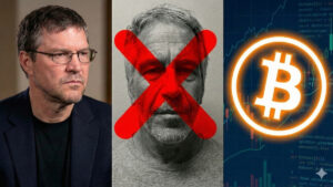Composiciรณn de Nick Zsabo a la izquierda, Epstein con una tacha en la cara en medio y un logo de bitcoin a la derecha.