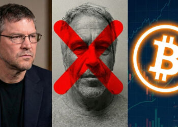 Composición de Nick Zsabo a la izquierda, Epstein con una tacha en la cara en medio y un logo de bitcoin a la derecha.