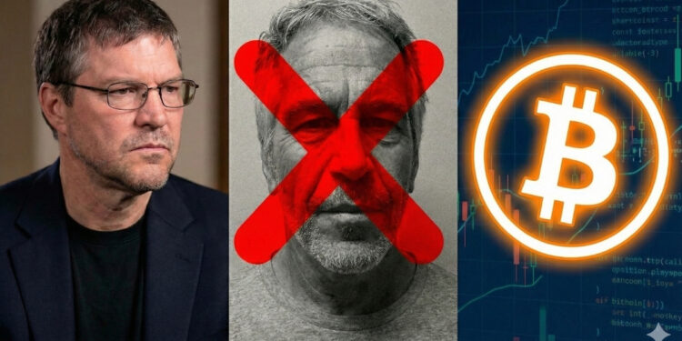 Composición de Nick Zsabo a la izquierda, Epstein con una tacha en la cara en medio y un logo de bitcoin a la derecha.