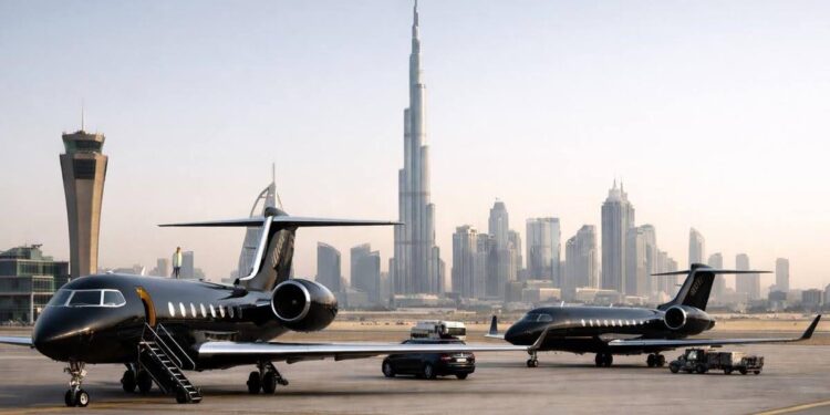 Tres jets privados de vuelos chárter estacionados en la pista con el horizonte urbano de Dubai al fondo.