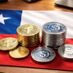 Bandera de Chile, con monedas de USDT y USDC sobre ella, en un escritorio.