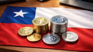 Bandera de Chile, con monedas de USDT y USDC sobre ella, en un escritorio.
