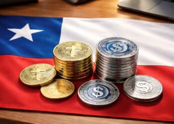 Bandera de Chile, con monedas de USDT y USDC sobre ella, en un escritorio.