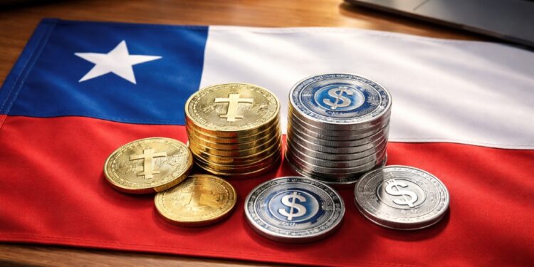 Bandera de Chile, con monedas de USDT y USDC sobre ella, en un escritorio.