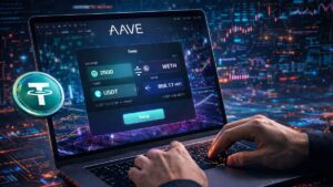 Una persona operando en la plataforma de intercambios Aave.