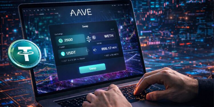 Una persona operando en la plataforma de intercambios Aave.