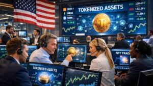 Un centro financiero con personas operando activos tokenizados.