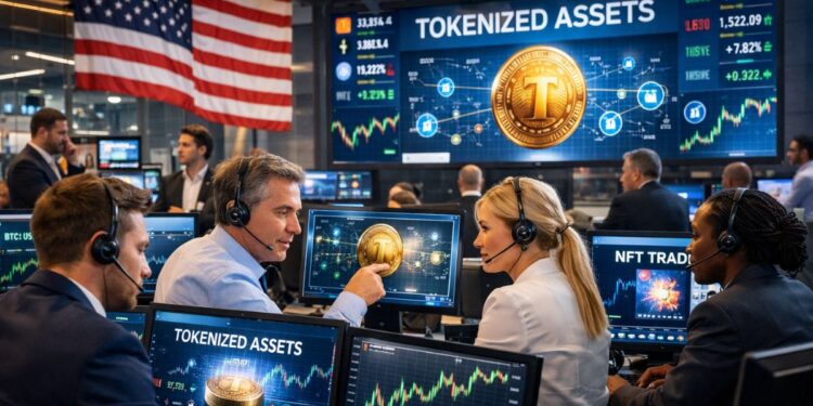 Un centro financiero con personas operando activos tokenizados.