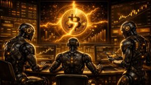 Robots de agentes de IA operando con Bitcoin.