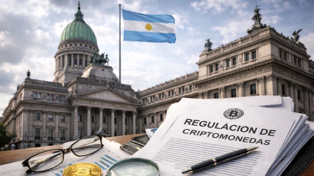 Documentos sobre regulaciones de criptomonedas junto al edificio del Congreso de Argentina.