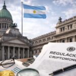 Documentos sobre regulaciones de criptomonedas junto al edificio del Congreso de Argentina.