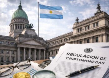 Documentos sobre regulaciones de criptomonedas junto al edificio del Congreso de Argentina.