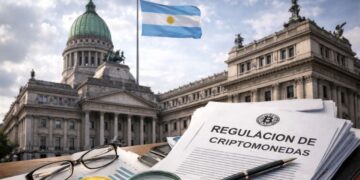 Documentos sobre regulaciones de criptomonedas junto al edificio del Congreso de Argentina.