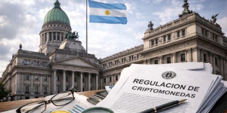 Documentos sobre regulaciones de criptomonedas junto al edificio del Congreso de Argentina.