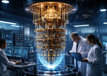 Un grupo de científicos trabajando en un centro de computación cuántica.