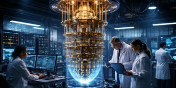 Un grupo de científicos trabajando en un centro de computación cuántica.