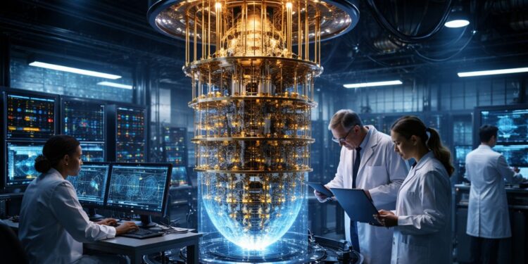 Un grupo de científicos trabajando en un centro de computación cuántica.