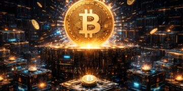 Una moneda de Bitcoin siendo procesada por la red.