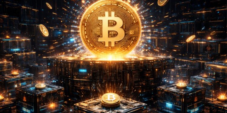 Una moneda de Bitcoin siendo procesada por la red.