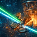 Una computadora cuántica emitiendo rayos laser contra una moneda de BTC.