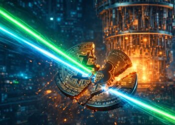 Una computadora cuántica emitiendo rayos laser contra una moneda de BTC.