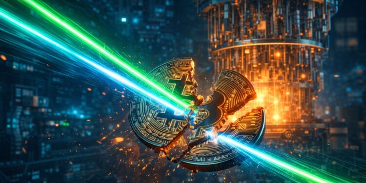 Una computadora cuántica emitiendo rayos laser contra una moneda de BTC.