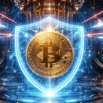 Una moneda de Bitcoin cubierta por un escudo transparente, con una computadora cuántica por detrás.