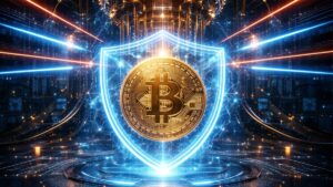 Una moneda de Bitcoin cubierta por un escudo transparente, con una computadora cuántica por detrás.