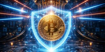 Una moneda de Bitcoin cubierta por un escudo transparente, con una computadora cuántica por detrás.