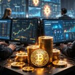 Inversionistas operando en un cento de financiero de bitcoin.