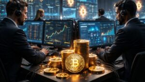 Inversionistas operando en un cento de financiero de bitcoin.