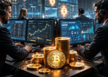 Inversionistas operando en un cento de financiero de bitcoin.