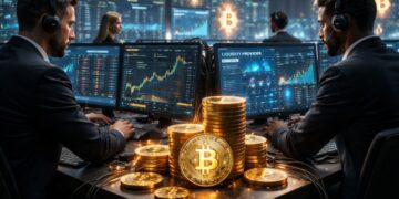 Inversionistas operando en un cento de financiero de bitcoin.