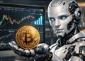 Un robot de inteligencia artificial sosteniendo una moneda de bitcoin en su mano.
