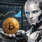 Un robot de inteligencia artificial sosteniendo una moneda de bitcoin en su mano.