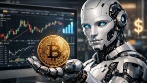Un robot de inteligencia artificial sosteniendo una moneda de bitcoin en su mano.