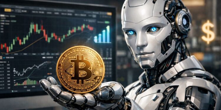 Un robot de inteligencia artificial sosteniendo una moneda de bitcoin en su mano.