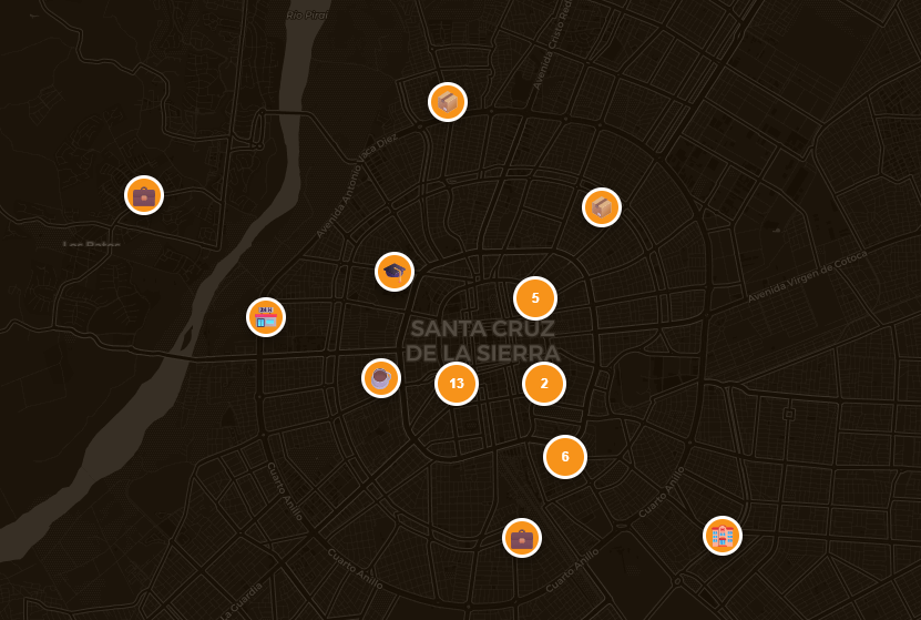 Mapa de BTC con 34 comercios que aceptan bitcoin como medio de pago en Santa Cruz. Bolivia.