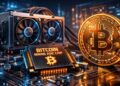 Un ASIC de Bitcoin junto a una moneda de BTC.