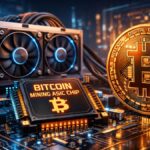 Un ASIC de Bitcoin junto a una moneda de BTC.