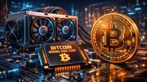 Un ASIC de Bitcoin junto a una moneda de BTC.
