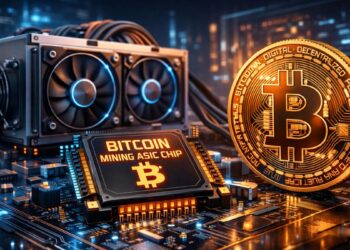 Un ASIC de Bitcoin junto a una moneda de BTC.