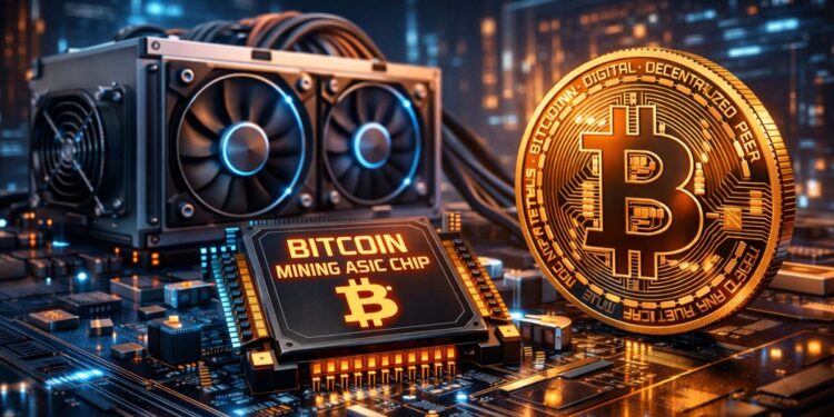 Un ASIC de Bitcoin junto a una moneda de BTC.