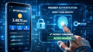 Una persona accediendo a una wallet de Bitcoin con passkey.